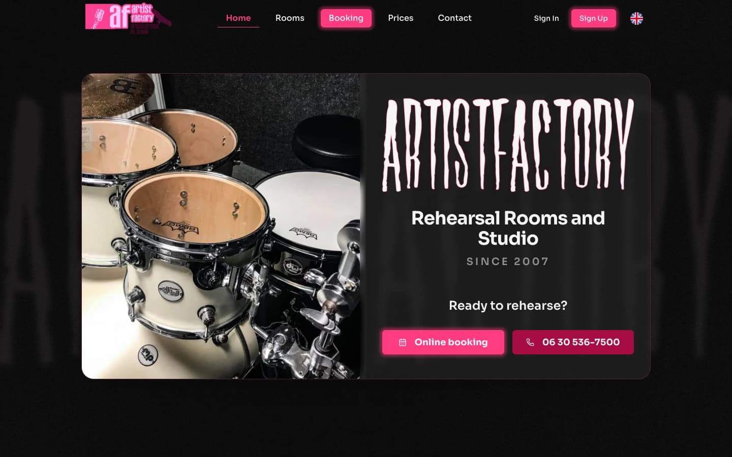 The Artist Factory home page: the studio logo beside a photo of a drum kit, with buttons to book online or call.